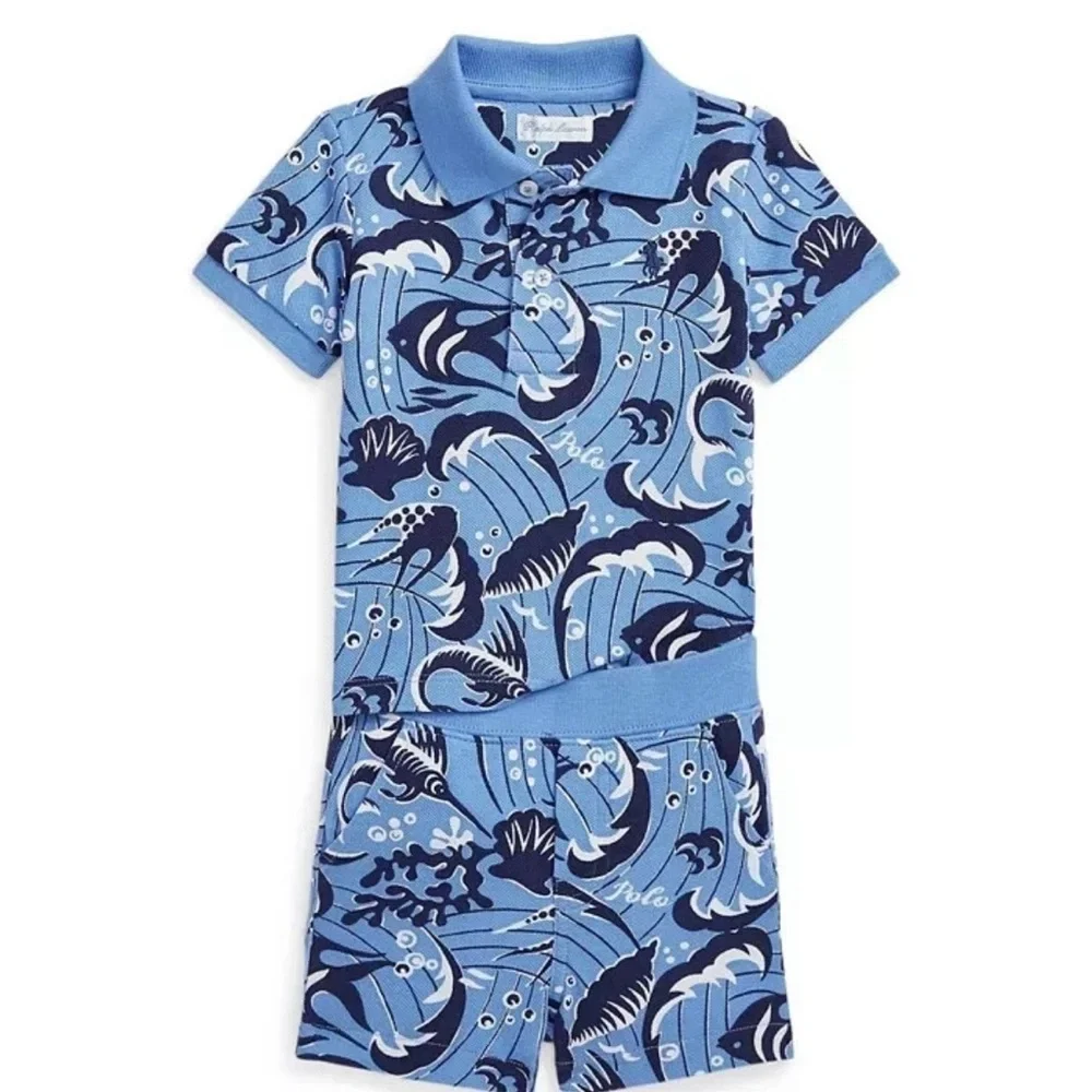 Blue Patterned Polo Shirt and Shorts Set